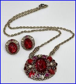 West Germany Red Pressed Glass Leaf Rhinestone Faux Pearl Necklace Earrings Set