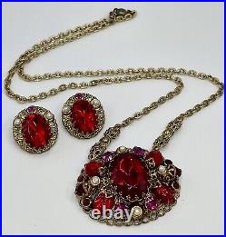 West Germany Red Pressed Glass Leaf Rhinestone Faux Pearl Necklace Earrings Set