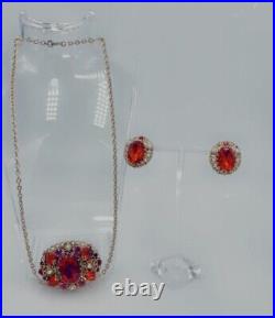 West Germany Red Pressed Glass Leaf Rhinestone Faux Pearl Necklace Earrings Set