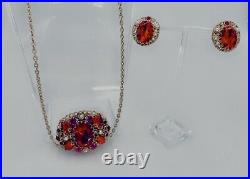West Germany Red Pressed Glass Leaf Rhinestone Faux Pearl Necklace Earrings Set