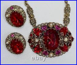 West Germany Red Pressed Glass Leaf Rhinestone Faux Pearl Necklace Earrings Set