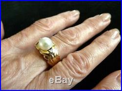 White 8mm Pearl Ring in Fluted 14K Yellow Gold Setting, with 2 Diamonds Size 6