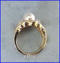 White 8mm Pearl Ring in Fluted 14K Yellow Gold Setting, with 2 Diamonds Size 6