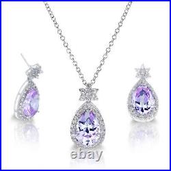 White Gold Alexandrite Drop Pear Cut Star Silver Necklace Earring Set 16