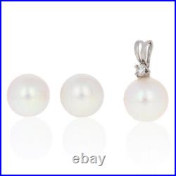 White Gold Cultured Pearl Earrings & Pendant Set 14k Diamond Pierced Studs