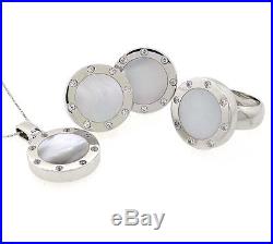 White Gold Jewelry Set, 18K Gold Mother-of-Pearl and CZ, Pendant Ring Earrings