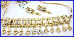 White Kundan Pearl Gold Tone Choker Necklace Earrings Set 3 Pcs Bridal Jewelry