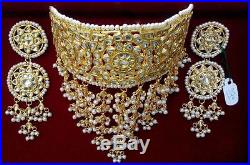 White Pearl Kundan Gold Tone Indian Bollywood Choker Necklace Set Bridal Jewelry