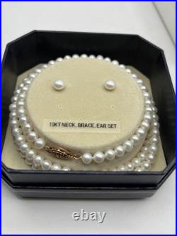 White Potato Pearls Necklace Bracelet Earrings Set 10k Solid Gold Clasps READ