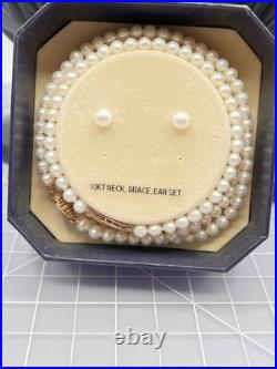 White Potato Pearls Necklace Bracelet Earrings Set 10k Solid Gold Clasps READ