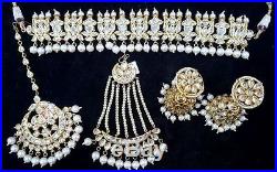 White Real Kundan Pearl Gold Tone Choker Necklace Passa Earrings Tikka Set 5 Pcs