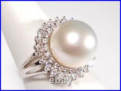 White South Sea pearl set(ring, earrings, pendant), diamonds, solid 14k white gold