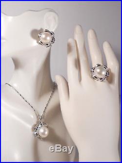 White South Sea pearl set(ring, earrings, pendant), diamonds, solid 14k white gold