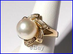 White South Sea pearl set(ring, earrings, pendant), diamonds, solid 14k yellow gold