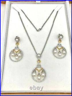 White & Yellow DIAMONDS with Pearls 18K White Gold Earring Necklace Pendant Set