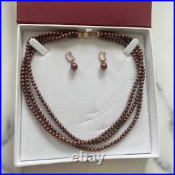 Without packaging GENUINE PEARL NECKLACE EARRINGS SET TRIPLE STRAND 14K GOL G2U