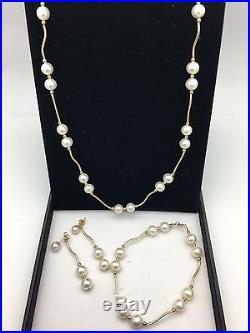 Women's 14K Yellow Gold Water Pearl 3 pcs. Set Necklace, Bracelet and Earrings