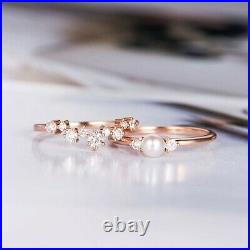 Women's Pearl/Diamond Engagement/Wedding Band Set. Size 6. Set in Solid 14K Gold