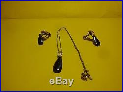 Womens necklace and earring set, leaf design, 12K gold, Black glass pearl drop