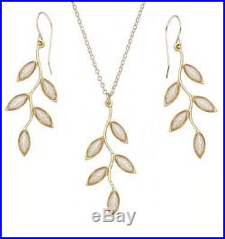 Yellow Gold Filled Pearl Small Olive Leaf Earrings Birthday Necklace Set Jewelry