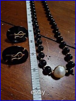 Yellow Gold Mabe Pearl & Onyx Large Stud Earrings and Necklace Set- 14k Pierced