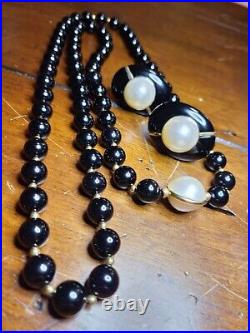 Yellow Gold Mabe Pearl & Onyx Large Stud Earrings and Necklace Set- 14k Pierced