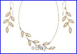 Yellow Gold Plated Pearl Large Olive Leaf Earrings Necklace Set Jewelry Gift