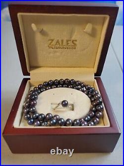 Zales 14K Gold Diamond Clasp 18 Black Cultured Pearl Beaded Necklace & Ring Set