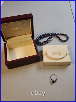 Zales 14K Gold Diamond Clasp 18 Black Cultured Pearl Beaded Necklace & Ring Set